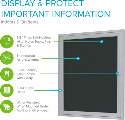 Ghent 24"x18" 1-Door Outdoor Enclosed Vinyl Bulletin Board, Shatter Resistant, with Lock, Satin Aluminum Frame - Ebony (PA12418VX-183), Made in the USA