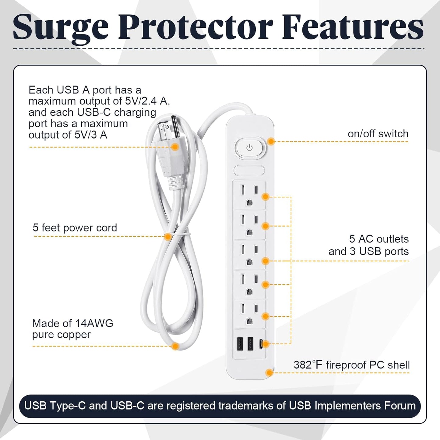 Kanayu 6 Pieces Power Strip Surge Protector with 5 Ac Outlets and 3 USB Ports, Heavy Duty Extension Cords Plug for Home Office Dorm(4.92 ft,White)