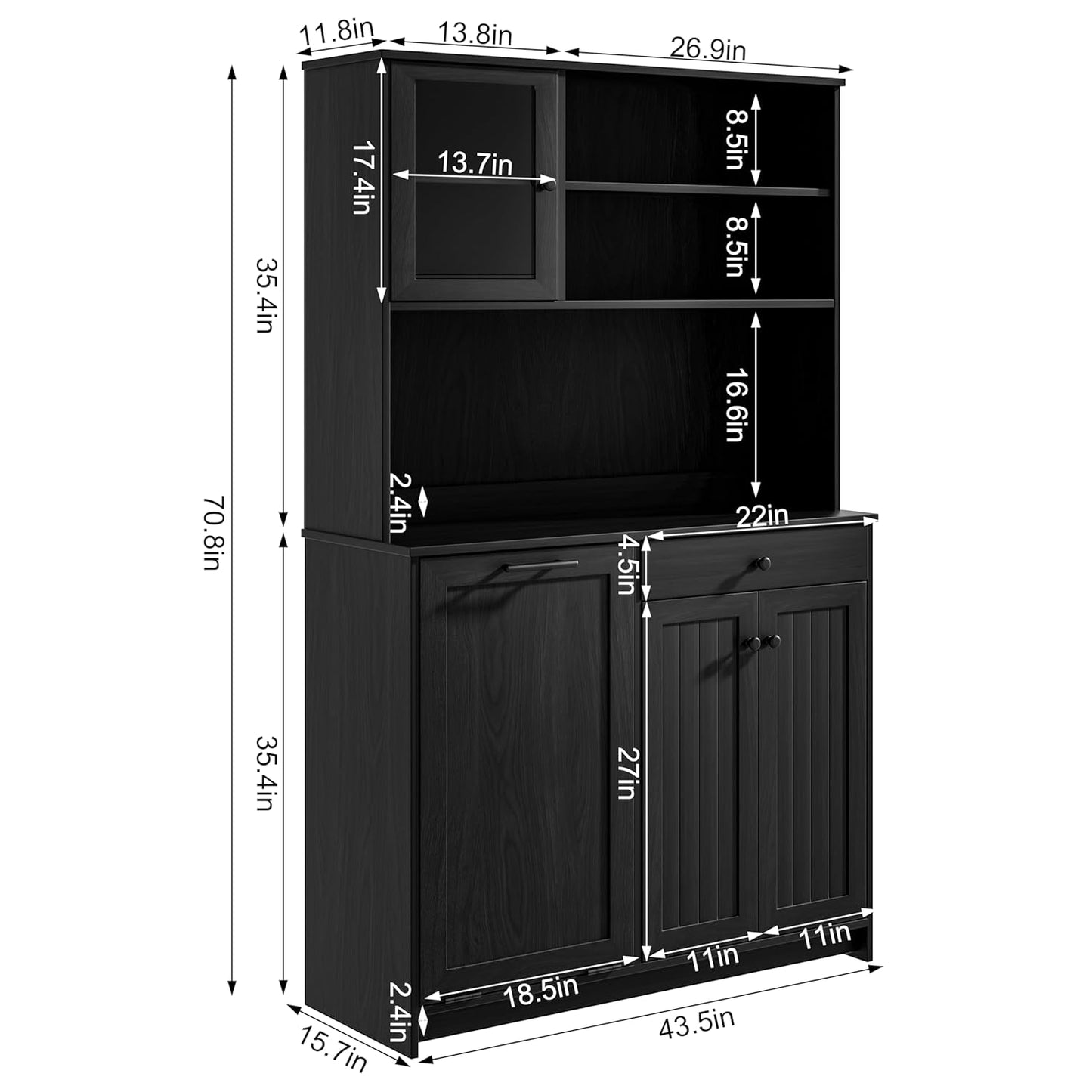 OLD CAPTAIN Tilt Out Trash Cabinet with Deodorising Function, Kitchen Hutch with Microwave Shelf and Drawer, Kitchen Pantry with Trash Cabinet for 10 Gallons, Black