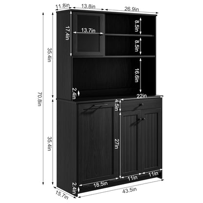 OLD CAPTAIN Tilt Out Trash Cabinet with Deodorising Function, Kitchen Hutch with Microwave Shelf and Drawer, Kitchen Pantry with Trash Cabinet for 10 Gallons, Black