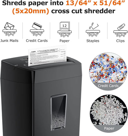 Bonsaii 12-Sheet Cross Cut Paper Shredder, 5.5 Gal Home Office Heavy Duty Shredder for Paper, Credit Card, Mail, Staples, with Transparent Window, High Security Level P-4 (C275-A)