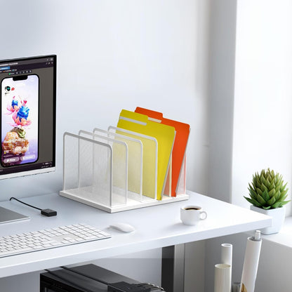 Kuntine.B Desk File Organizer Upright Mesh Desktop Organizer File Sorter Office Organization File Holder for Home, Office & Classroom (White, 1 Pack 5-Section)