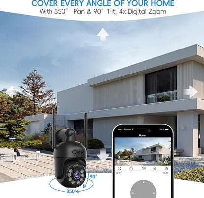 [10CH, Upgrading 5MP] CKK Wireless Security Camera System with 1TB HDD, 4pcs PTZ Cameras Outdoor Indoor, 3K WiFi Surveillance NVR System with Floodlights & Siren Alarm, 2 Way Audio, Waterproof