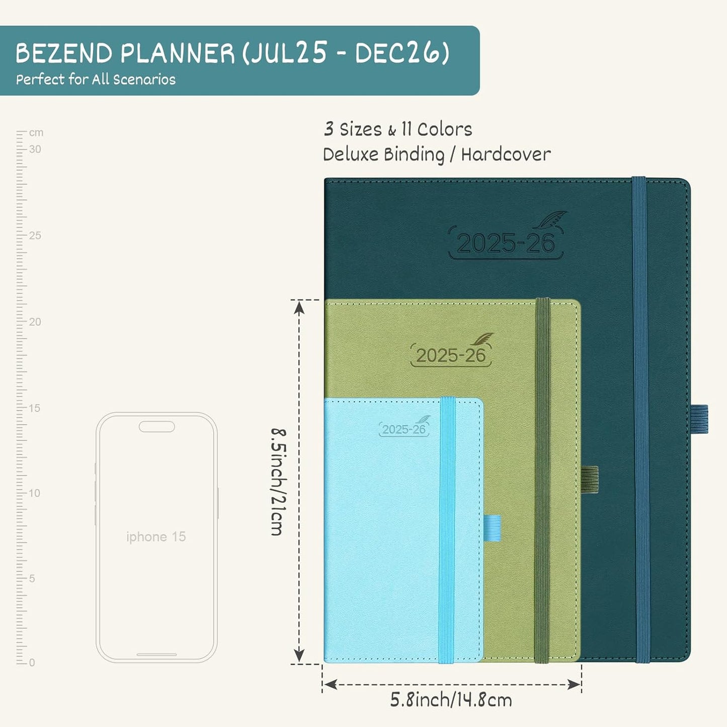BEZEND Planner 2025-2026 Weekly and Monthly, 5.8" x 8.5" Academic Calendar (Jul 25-Dec 26) Vertical Daily Appointment with Hourly Timeslot & Monthly Tab, PU Leather Hardcover - Mint Green