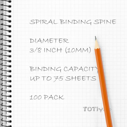 TOTiyea 100 Pack Plastic Spiral Binding Coils, 10mm(3/8") Binding Spirals, 75 Sheet Capacity, 4:1 Pitch, Black