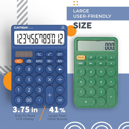 CATIGA 12 Digit Desktop Calculator Basic Desk Calculator with Large LCD Display, Big Buttons, 4 Function, Solar and Battery Dual Power, for Office, School, Home, SD-1292 Navy Blue