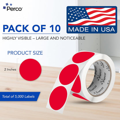 Perco Red 2-Inch Perforated Circle Dot Sticker Labels — 10 Rolls, 5,000 Round Stickers — with Permanent Adhesive for Organizing, Color Coding, Bin Labeling, Packaging Alerts—Made in USA