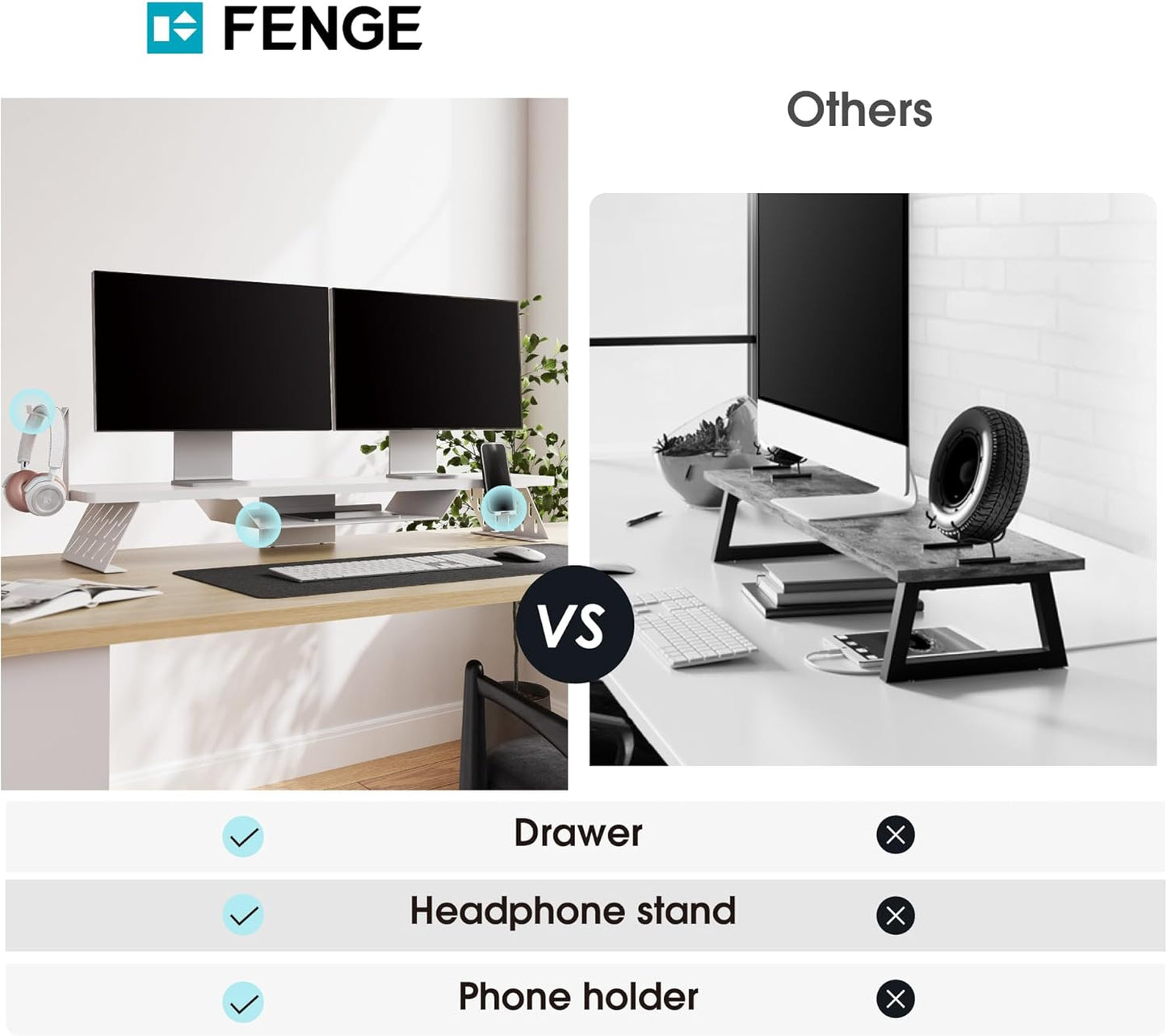 Fenge Dual Monitor Stand, 42.5 Inch Monitor Riser for Desk, Wood Desk Shelf for 2 Monitors, 2 Tier Monitor Shelf with Headphone Stand & Phone Holder