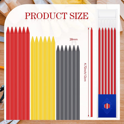 Spakon 60 Pcs 2.8mm Lead Refill Carpenter Construction Pencils Marker Lead Refills Dry Mechanical Woodworking Pencil Tools for Writing Drawing Drafting (Black,Red,Yellow)