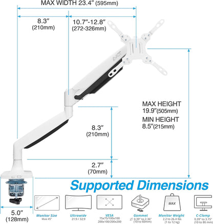 AVLT Single 17"-45" Monitor Arm Desk Mount Premium Mechanical Spring fits One Flat/Curved/Ultrawide Monitor Full Motion Height Swivel Tilt Rotation Adjustable, White