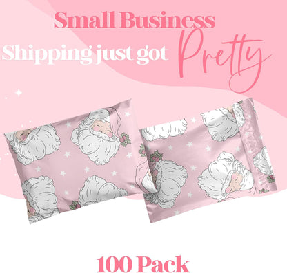 6x9 Designer Christmas Holiday Poly Mailers 100 Pack Heavy Duty Waterproof Self Seal Shipping Bags Large Mailing Envelopes Bulk Tear Resistant Cute Packaging Pink Santa