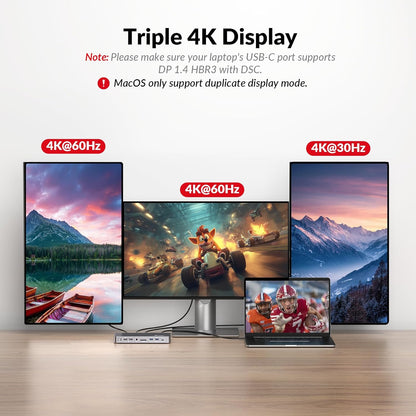 Docking Station Triple Monitor, 4K@60Hz (2 DP + 1 HDMI), 100W Laptop Charging, 10Gbps USB-C/A, Ethernet, Audio, SD, Plug & Play USB-C Dock for MacBook/Chrome/Dell/HP/Lenovo