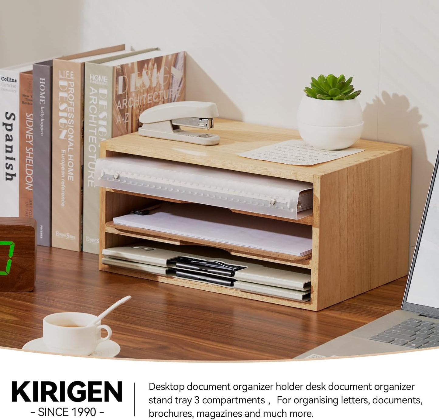 KIRIGEN Wooden Desktop Organizer Paper Storage Letter Tray File Sorter - Desk Rack Magazine File Dividers Holders for Home Office Accessories Wood Desk Cabinet with 3 Layer Trays Natural(3KWJG-NA)