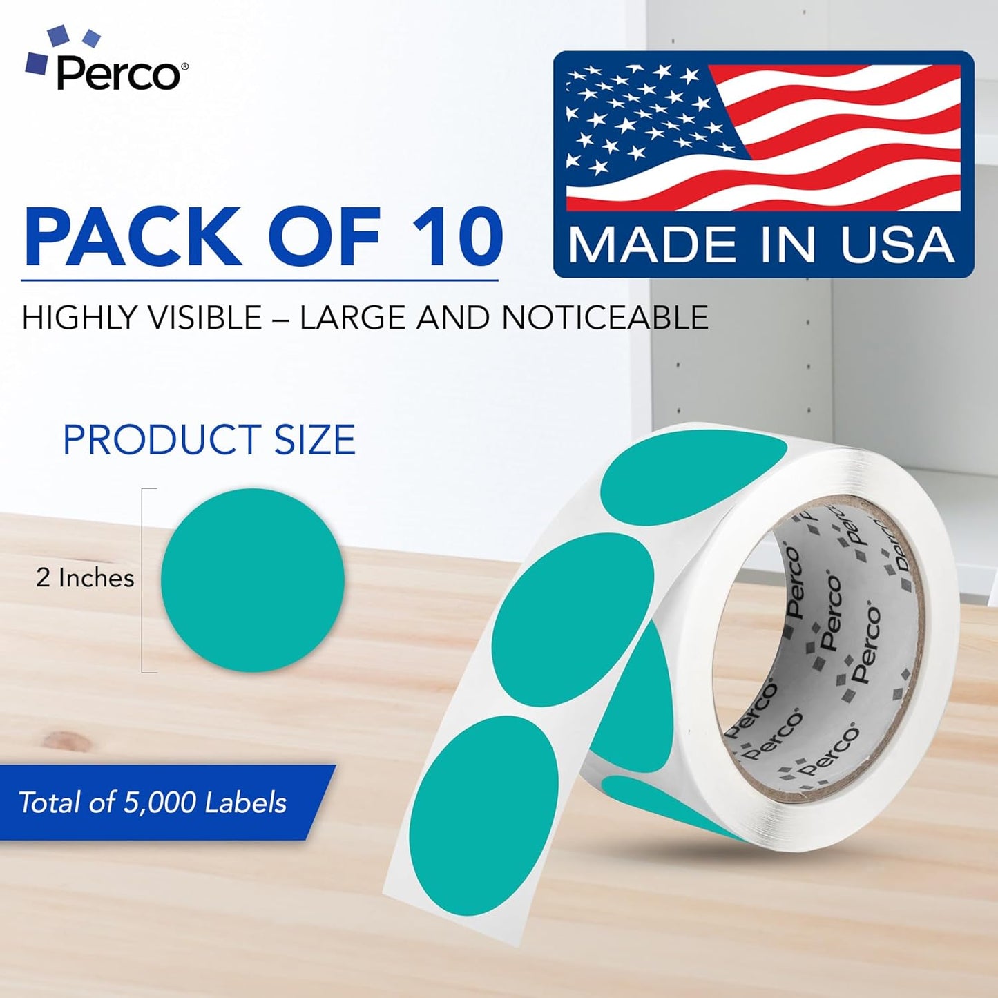 Perco Teal 2-Inch Perforated Circle Dot Sticker Labels — 10 Rolls, 5,000 Round Stickers — with Permanent Adhesive for Organizing, Color Coding, Bin Labeling, Packaging Alerts—Made in USA
