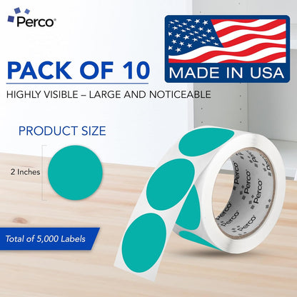 Perco Teal 2-Inch Perforated Circle Dot Sticker Labels — 10 Rolls, 5,000 Round Stickers — with Permanent Adhesive for Organizing, Color Coding, Bin Labeling, Packaging Alerts—Made in USA