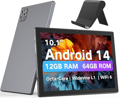 Android Tablet 10.1 Inch, 2025 Android 14 Tablets with Octa-Core, 12GB RAM + 64GB ROM (2TB Expand), Wi-Fi 6 BT 5.0 Tablet PC Long-Life Battery, Large HD Touchscreen Tablets for Adult