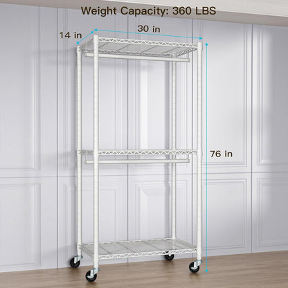P1 Medium Heavy-Duty Portable Closet, 30" W x 14" D x 76" H, Metal Rolling Clothing Rack, White