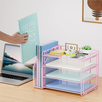 Marbrasse Desk Organizer and Accessories，4-Tier Paper Letter Tray Organizer with File Holder，Desk Accessories & Workspace Desktop Organizers for School Home Office Supplies (Pink)