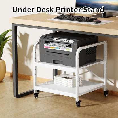 20 Inches Large Printer Stand, 2-Tier Under Desk Printer Table with Height Adjustable Shelf, Rolling Printer Cart with Industrial Wheels for Home Office (White)