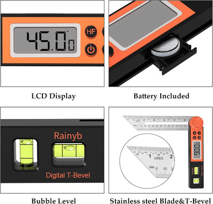 Digital Angle Finder Protractor 0-360 Degree T-Bevel Gauge & Protractor with Horizontal Vertical Bubble & Full LCD Display for Woodworking, Metalworking, Construction