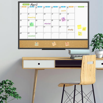 JILoffice Magnetic Calendar Whiteboard & Bulletin Corkboard Combination, Combo Board 36 x 24 Inch, Black Aluminum Frame Wall Mounted Board for Office Home and School with 10 Push Pins
