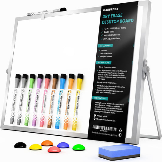 Dry Erase White Board with Stand,Double-Sided Whiteboard 12"x16", 10 Markers,6 Magnets, 1 Eraser,Portable Desktop Whiteboard for Planning,Colorful Weekly Schedule Board for School for Home