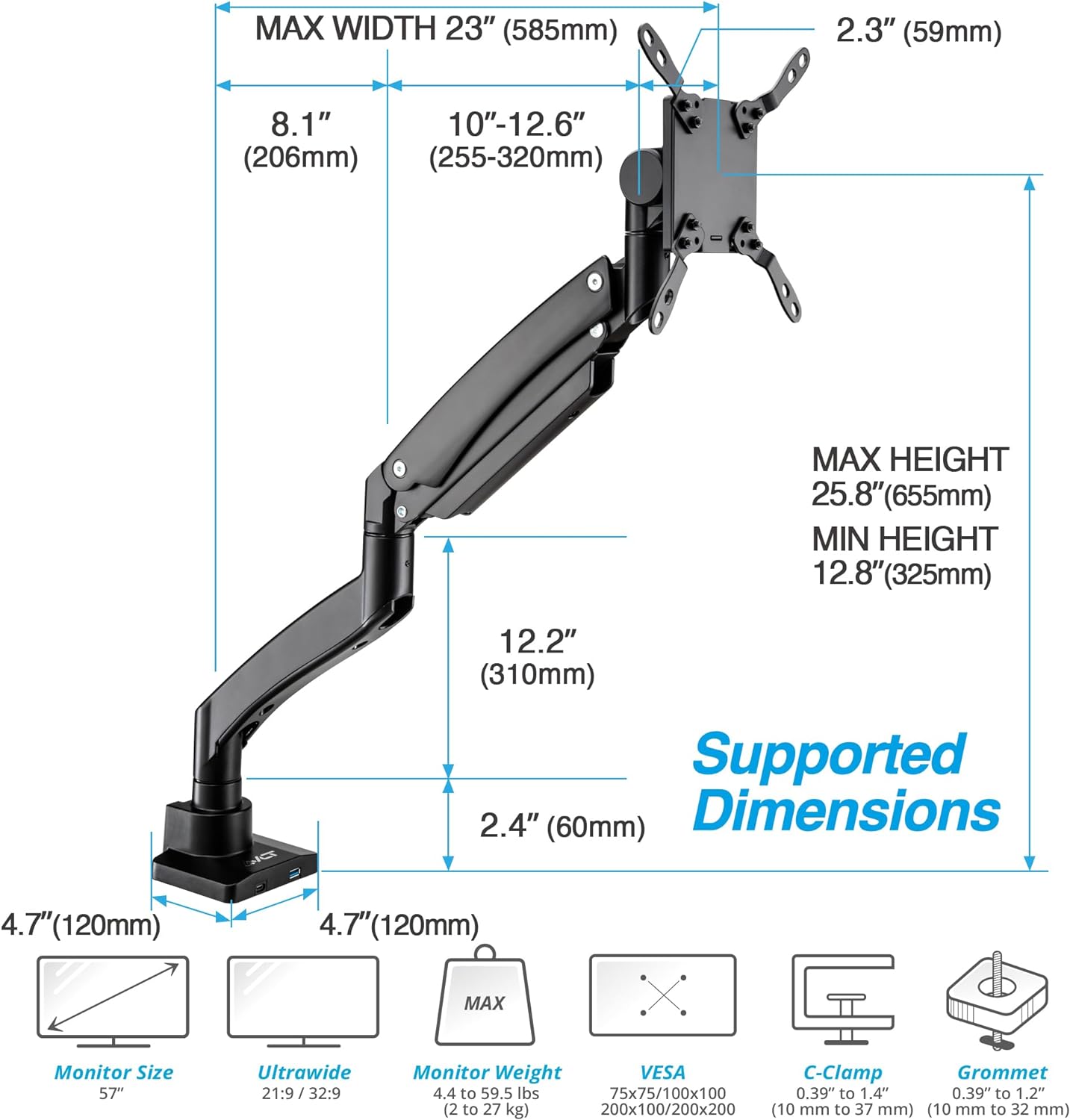 AVLT Single 17"-57" Super Ultrawide Monitor Arm for Screens Up to 59.5 lbs, Premium Aluminum Desk Stand, Adjustable Pneumatic Height, Full Motion Swivel Tilt Rotation, USB-C & USB-A Ports, Black