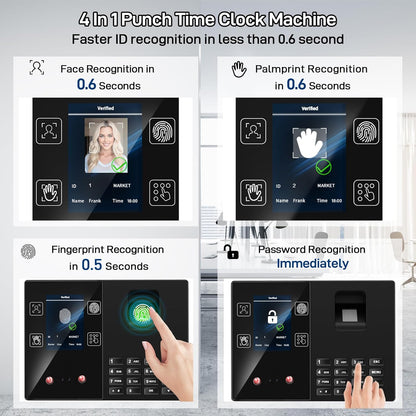KUIIYER 4 in 1 Employee Time Clocks for Small Business (Face + Fingerprint + Palm Print + PIN) Employee Clock in & Out Machine Attendance Punch Clock