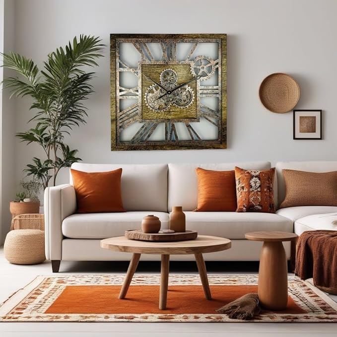 ImprovingLife The Gears Clock 24'' Inch Square Real Moving Gear Wall Clock Vintage Industrial Oversized Rustic Farmhouse (Gold Antique)