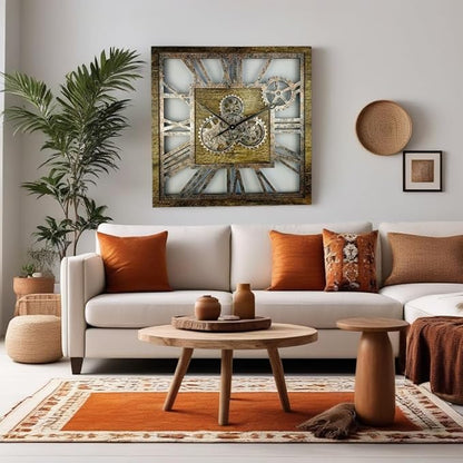 ImprovingLife The Gears Clock 24'' Inch Square Real Moving Gear Wall Clock Vintage Industrial Oversized Rustic Farmhouse (Gold Antique)
