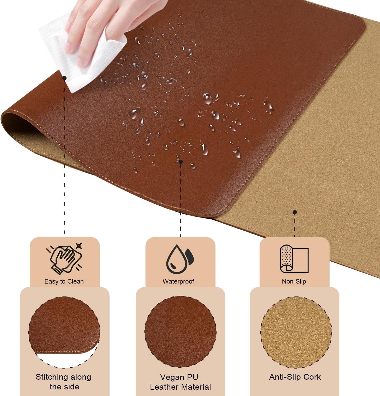 Large Desk Pad 35.4" x 17", Non-Slip Desk Mat with PU Leather & Natural Cork, Waterproof Writing Desk Natural Cork, Computer Mat Desk Protector for Office Home, Brown