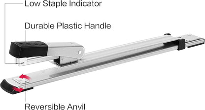 Deli Long Reach Stapler with 1000 Staples, 20 Sheet Capacity, Long Arm Standard Staplers for Booklet or Book Binding, Silver