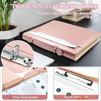 Faux Leather Portfolio Binder with Handle & Clipboard, Zippered Padfolio Folder Organizer 3 Ring Binder for Document, Business Card Holder, Professional Portfolio Notebook for Men & Women (Rose Gold)