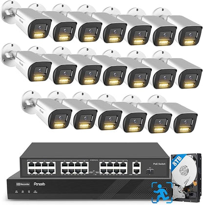 32 Channel Security Camera System, H.265 20pcs 5MP PoE IP Bullet Camera, Smart Color Night Vision, 2 Way Audio Talking, AI Human Detection, Remote Access, 4K 32 Channel NVR 8TB, PB65A2032-5MD