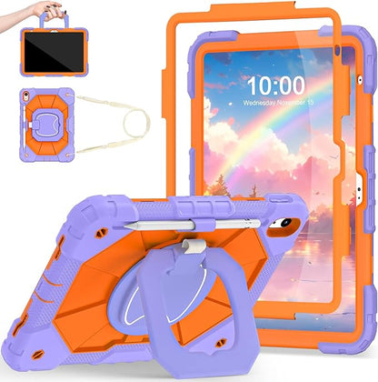 Case for iPad (A16) 11th/10th Generation 2025/2022,10th Gen iPad Case with Screen Protector 360° Rotating Stand,Heavy Duty Shockproof Cover for i Pad 11.0/10.9,Purple Orange