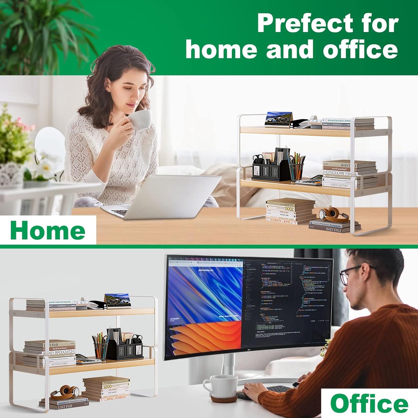 YGYQZ Wood Office Desk Shelf Organizer - Desktop Supplies Cute Dresser Top Organization Storage Rack and Cubicle Decor Aesthetic Bookshelf for Women Man and Kids (White-Two Tier)