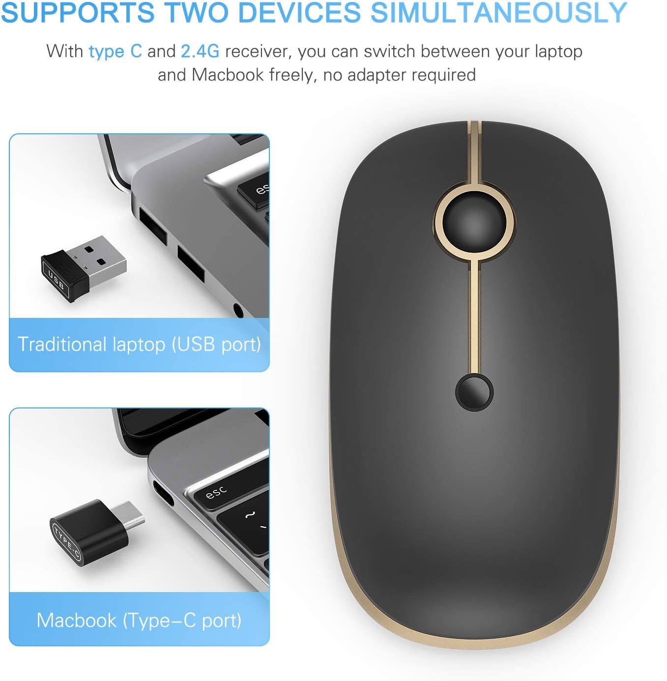 VssoPlor Type C Wireless Mouse USB C Rechargeable Portable Quiet Mouse USB and Type C Receiver Dual Mode Laptop Mouse for PC, Laptop, MacBook, Tablet-Black Gold