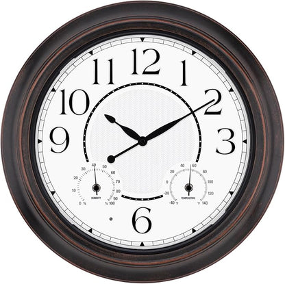 Outdoor Clocks Waterproof 18 Inch, Large Wall Clock with Thermometer & Hygrometer, Illuminated Battery Operated Clock with Smart Sensor for Patio, Pool, Garden, Porch, Living Room