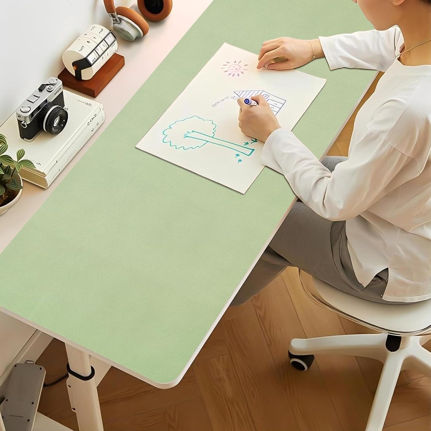 Bloss 47.2" x 16.9" Large Desk Mat, Leather Mouse Keyboard Pad, Non-Slip Writing Pad, Desk Protector for Office, Home - Light Green