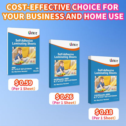 Uinkit 100PCS 4Mil Self-Adhesive Laminating Sheets, 8.7 x 12.2 Inches Clear Self Sealing Laminating Sheets, Suitable for 8.5 x 11 Inches Letter Size, No Machine Needed