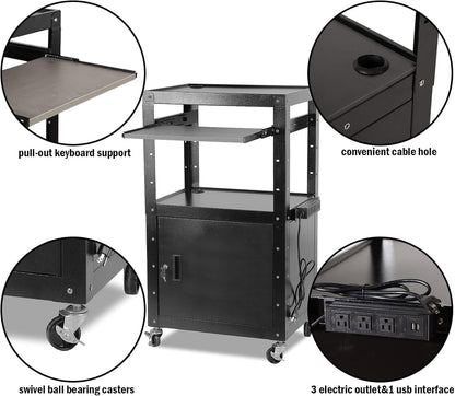 AV Carts, Rolling Presentation Cart Station, Height Adjustable Media Cart for Video Projector, TV, Printers, Computers with 1 Storage Locking Cabinet, 1 Sliding Keyboard Tray, 3 Outlets, 2 USB Ports
