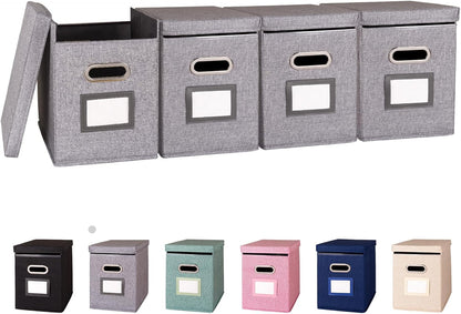 4 Pack Hanging File Folders Organizer with Lid, Letter Size Fabric File Storage Box Collapsible, Portable Office Document Holder with Metal Handle, Smooth PVC Rails, Gray