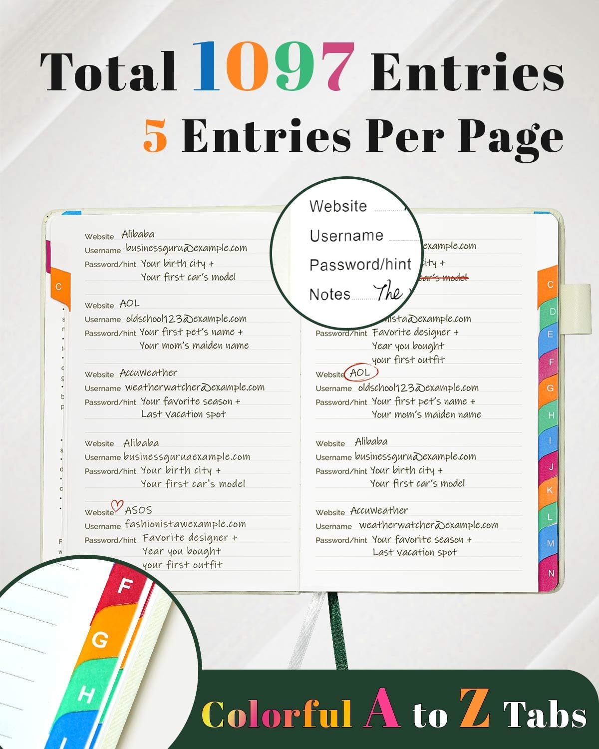 Password Keeper Book with Colorful Alphabetical Tabs, Hardcover Password Log-book for Internet Password and Website Address, 5.8"×8.4" Password Notebook for Home Office (White, Medium (5.8 x 8.4 Inch))