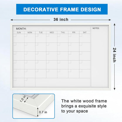Comix Dry Erase Calendar Whiteboard for Wall,Magnetic Dry Erase White Board with White Wood Frame, 36 * 24 inches Decorative Planner Board for Office, Kitchen, School, Home