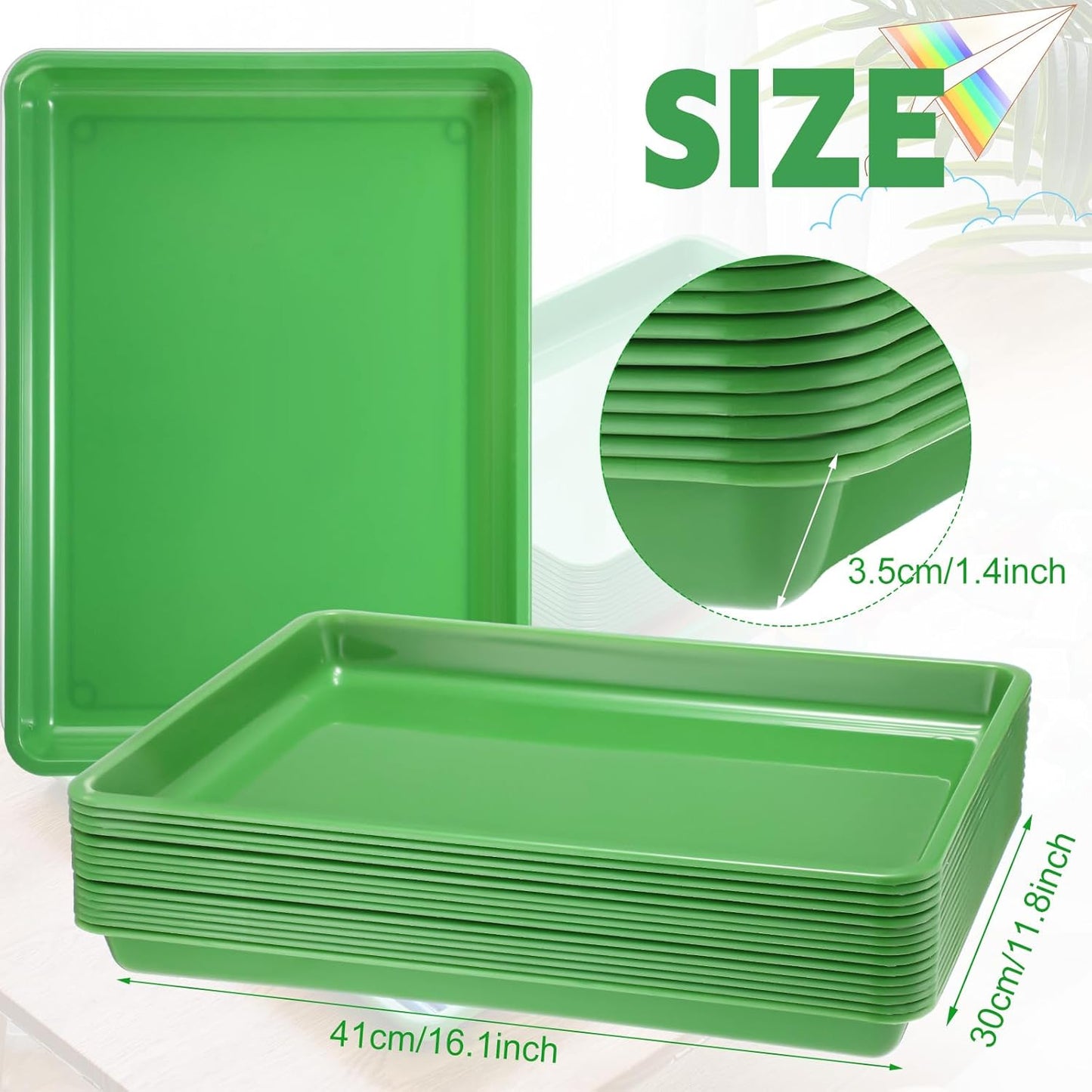 Maitys 15 Pcs Flat Plastic Trays 16.1 x 11.8'' Sensory Storage Tray Paper Stackable Classroom Bins for Office Home Organizer Arts and Crafts Supplies(Green)