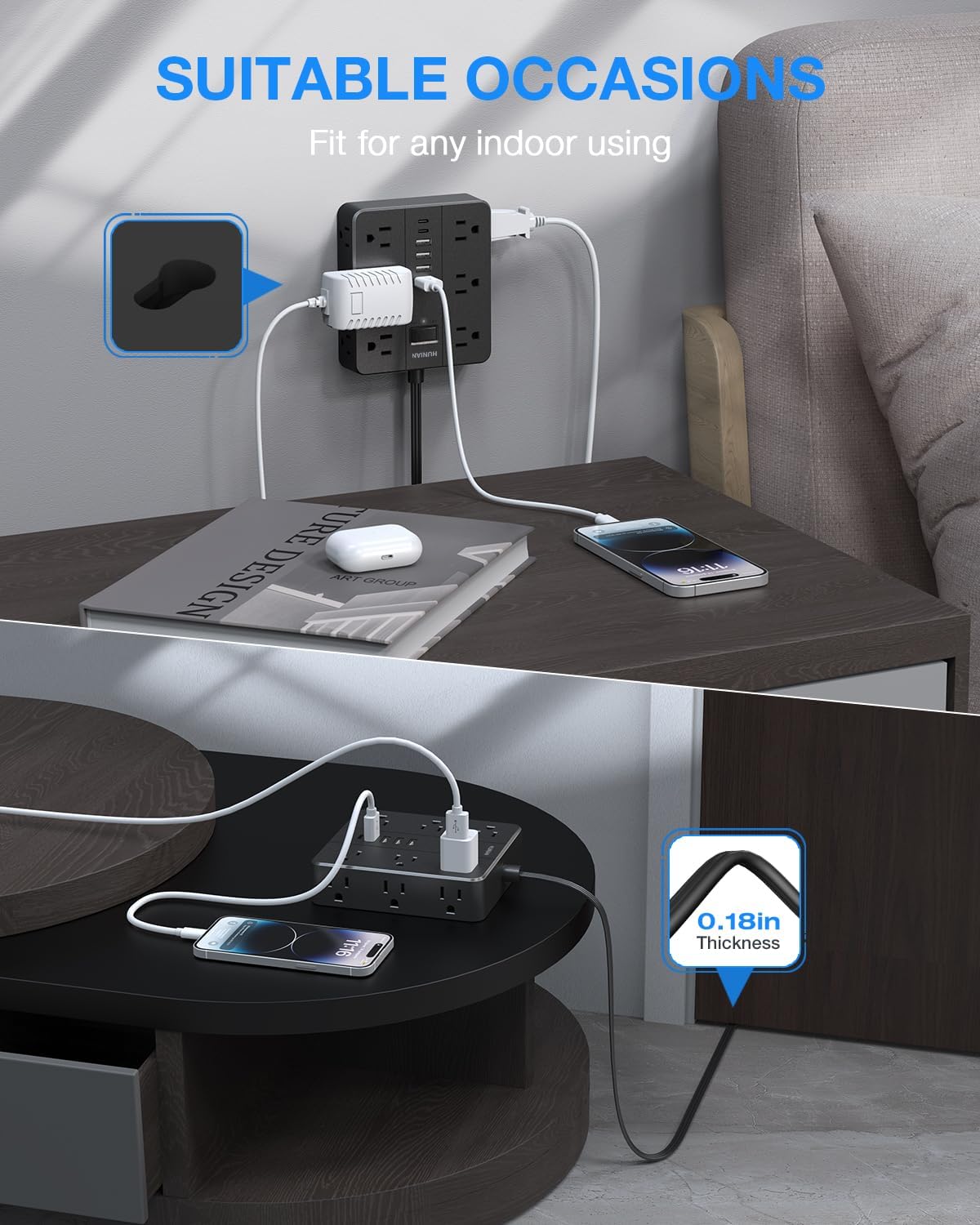 Flat Plug Power Strip Surge Protector, HUNIAN 5 Ft Extension Cord with 12 Widely Spaced Multiple Outlets 6 USB Charger (2 USB C Ports), Desk Charging Station for Home Office Supplies, Black