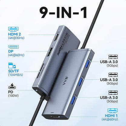 Docking Station VVB USB C Adapter,9 in 1 Triple Display USB C Hub Multiport Adapter Dongle with 2 HDMI 4K+DisplayPort+3 USB+100W PD+SD/TF Card Reader for Dell/HP/Lenovo Laptop Type C Laptops