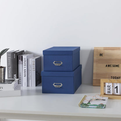 Soul & Lane Blue Decorative Cardboard Storage Boxes with Lids, Set of 2 Stacking Keepsake Photo and Memory Boxes for Home & Office, Elegant Paperboard Organizers with Label Holders and Drawer Pulls