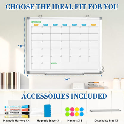 WALGLASS Dry Erase Calendar Whiteboard for Wall, 24" x 18" Double-Sided Monthly Calendar White Board with Silver Aluminum Frame, Hanging or Wall Mount Whiteboard for Home, Office, School