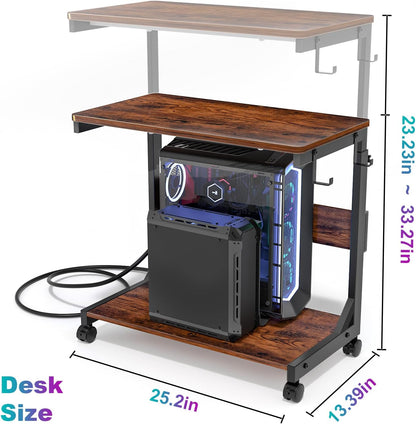Height Adjustable Computer Tower Stand with Charge Station and USB Charging Port, 2-Tier ATX-Case Cart, Under Desk Mobile PC Stand, CPU Holder Cart with Locking Caster Wheels for Fits Most PC